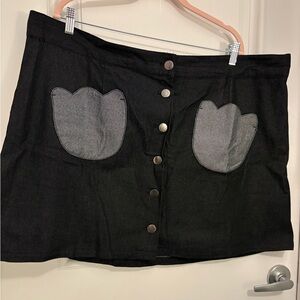 Smak Parlour Black Denim Button-Front Mini Skirt with Gray Tulip Patch Pockets